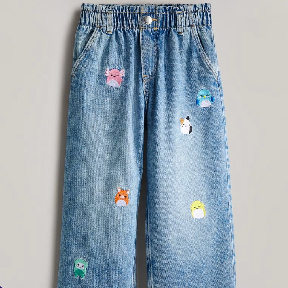 H&M Embroidered Squishmallows Wide-Leg Jeans, Size 5-6